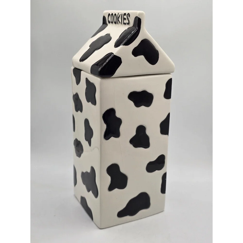 Houston Harvest Cow Print Milk Carton Ceramic Cookie Jar Fresh Cookies and Milk